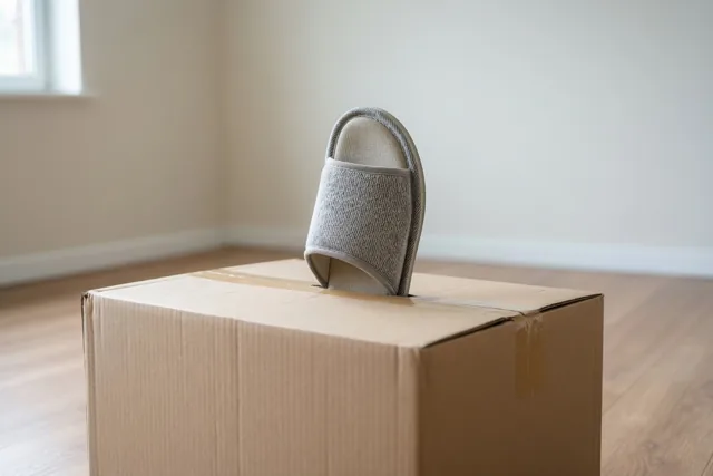 Een grijze pantoffel steekt boven uit een gesloten kartonnen verhuisdoos op een houten vloer in een lege kamer met zacht licht.