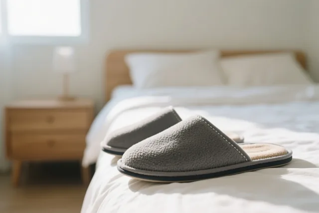 Een paar grijze pantoffels ligt op een witte bedsprei in een lichte, minimalistische slaapkamer met zacht daglicht.