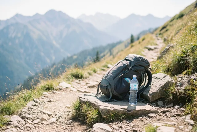 Een grijze rugzak en een doorzichtige drinkfles liggen op een zonnige steen langs een rotsachtig bergpad, met een uitgestrekt gebergte in de nevel op de achtergrond.