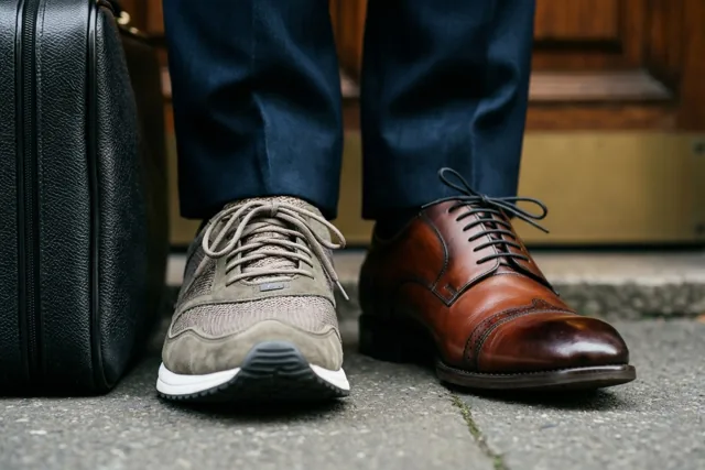 Twee voeten met één grijze sneaker en één gepoetste bruine geklede schoen staan op een bestrating naast een zwarte aktetas, bij een houten deur met messing beslag.