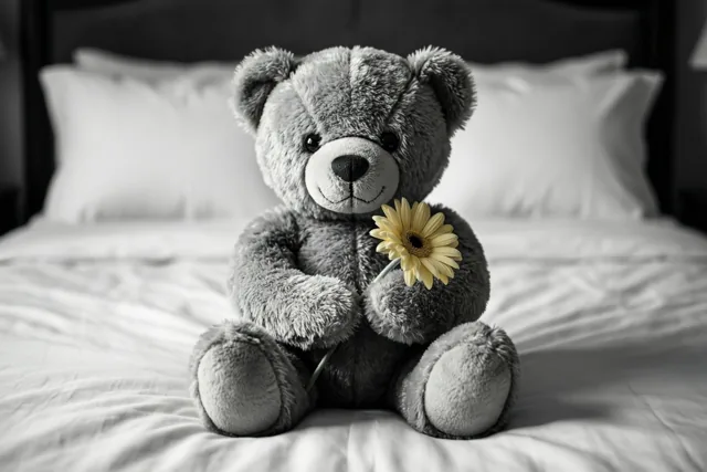 Een grijze teddybeer met een gele bloem zit rechtop op een wit bed, in een zwart-witbeeld waarin alleen de bloem kleur heeft.