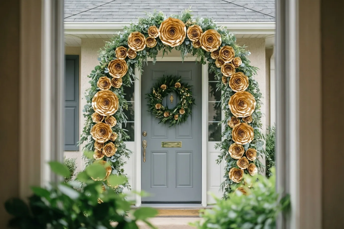 Door een raam is een grijze voordeur met een groene krans te zien, omringd door een grote boog van groen en gouden papieren rozen.