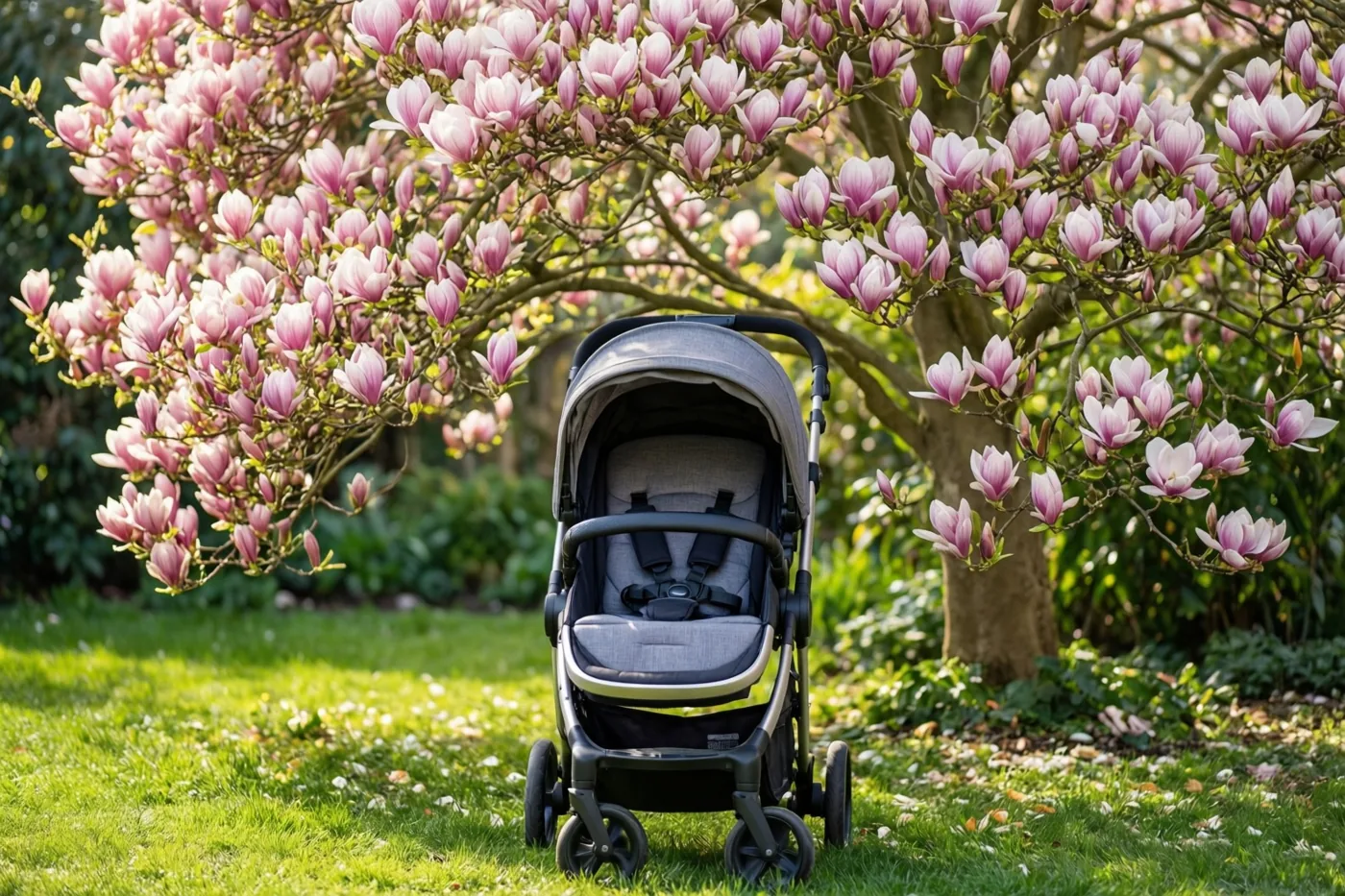 Een grijze wandelwagen staat op groen gras onder een magnoliaboom met roze bloesems in fel zonlicht.