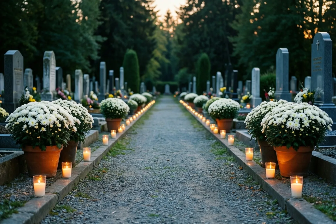 Een grindpad op een begraafplaats heeft in de schemering aan beide kanten brandende kaarsen en potten witte chrysanten, met bomen en grafstenen erlangs.