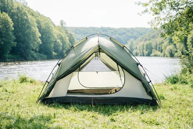 Een groen-beige tent staat op een grasrijke rivieroever, met de rivier en beboste heuvels op de achtergrond.