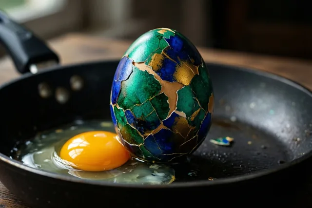 Een fel beschilderd paasei met een gebarsten schaal ligt naast een gele eidooier in een donkere koekenpan op een houten oppervlak, met groen, blauw en goud als hoofdkleuren.