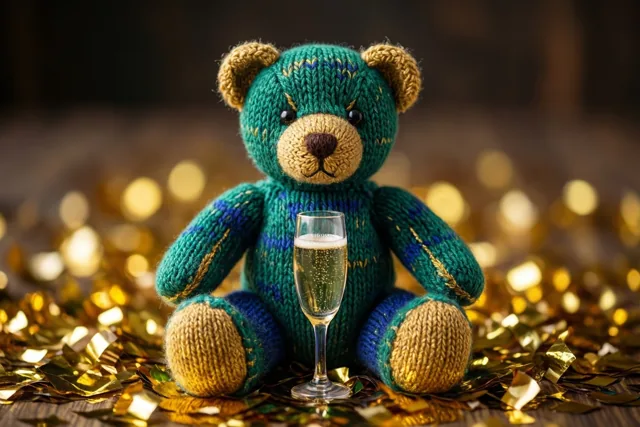 Een groen-blauwe gebreide teddybeer zit met een miniatuurchampagneglas tussen gouden confetti op een houten ondergrond in warm licht.