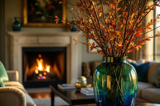 Een hoge groen-blauwe vaas met herfsttakken staat vooraan in een elegante woonkamer, met een brandende haard en een ingelijst schilderij op de schouw op de achtergrond.