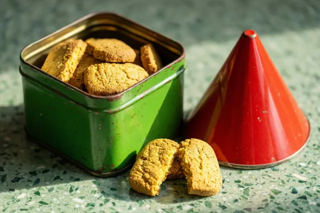 Een oud groen blik vol goudbruine pepernoten staat naast een rode mijter op een gespikkelde groene formicatafel, in warm licht.