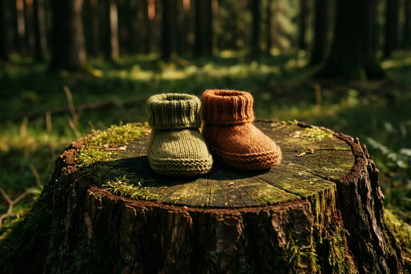 Een groen en een bruin gebreid babyschoentje staan op een bemoste boomstronk op een zonnige open plek in het bos.