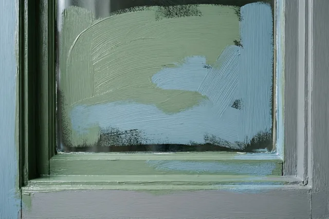 Een raamkozijn is van dichtbij te zien met verse groene en blauwe verf, zichtbare penseelstreken en resten afplaktape op het glas.