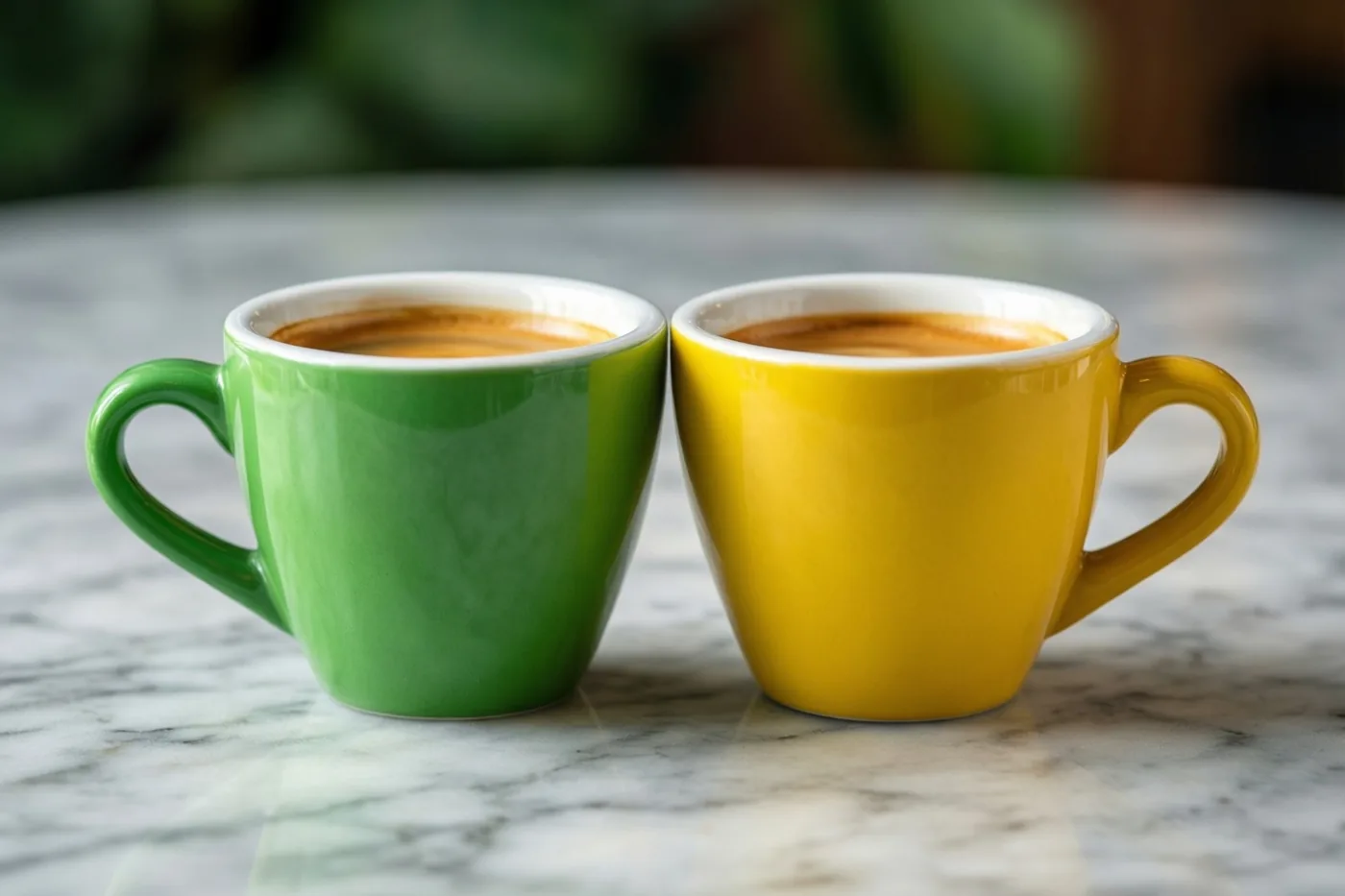 Een groen en een geel espressokopje staan naast elkaar op een witmarmeren werkblad in natuurlijk licht.