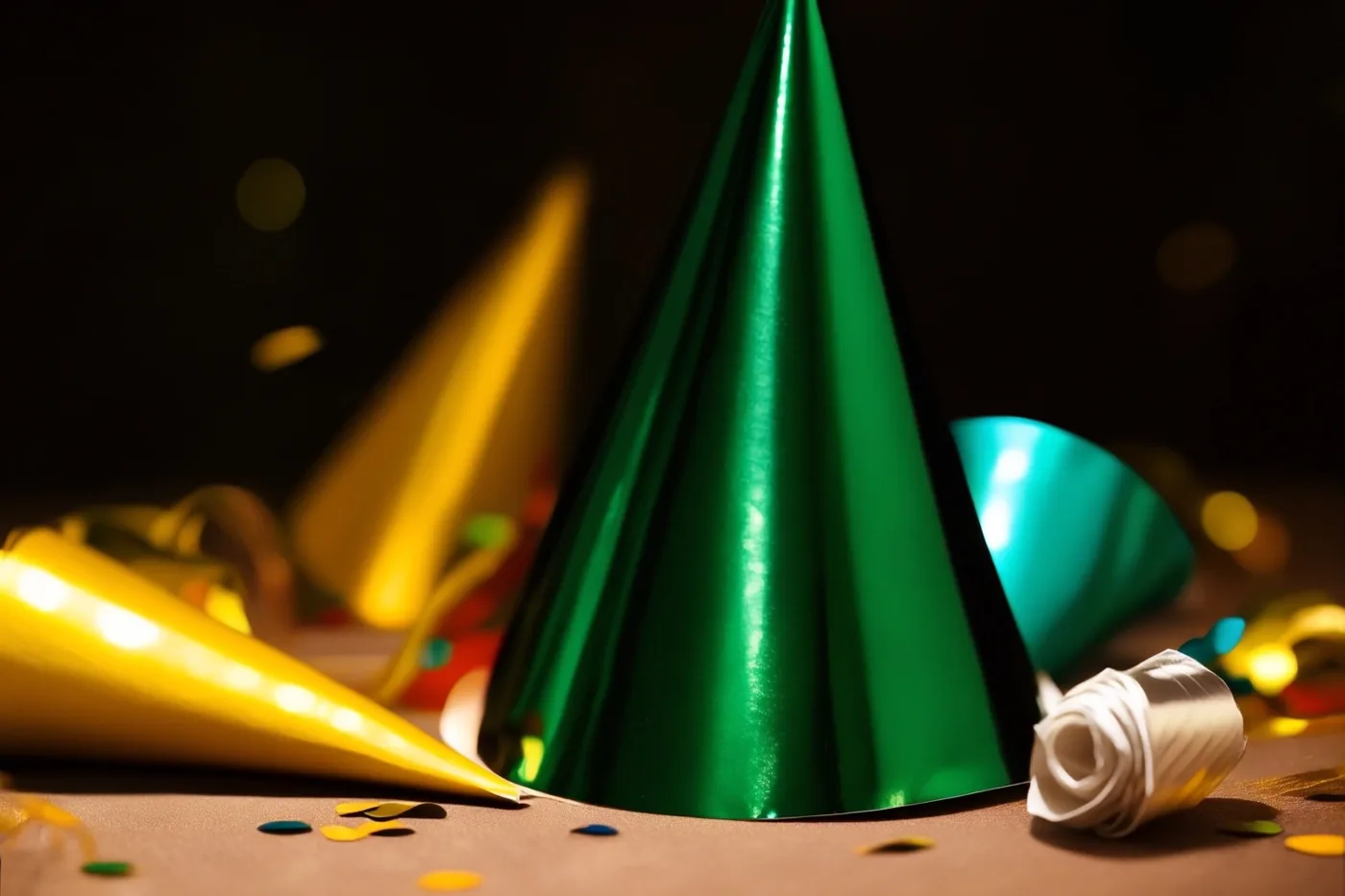 Een glanzend groen feesthoedje staat tussen confetti, een opgerolde slinger en onscherpe gele en blauwgroene feesttoeters voor een donkere achtergrond met warme lichtjes.