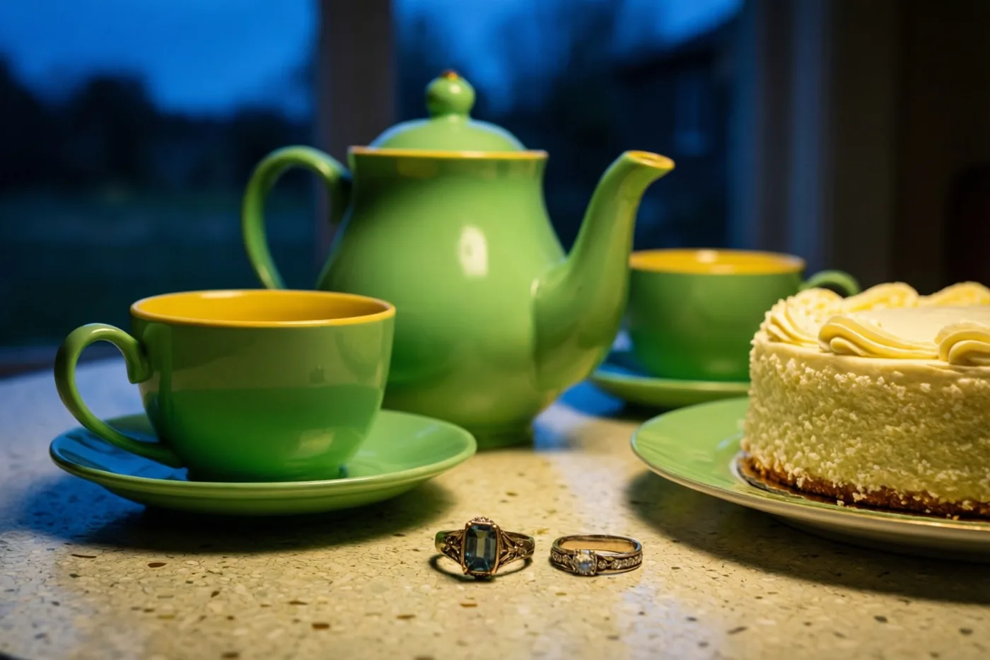 Een groen-geel theeservies in jarenzestigstijl voor twee staat met een roomtaart en twee oude trouwringen op een gespikkelde formicatafel bij een raam met een schemerblauwe hemel.