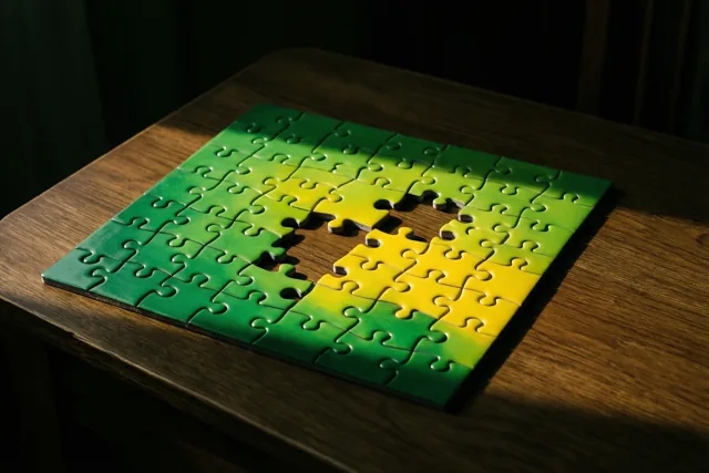 Een groen-gele puzzel met twee ontbrekende stukjes in het midden ligt op een houten tafel onder een gerichte lichtbundel.