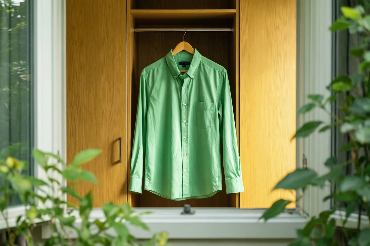 Een lichtgroen hemd hangt aan een houten kleerhanger in een houten kleerkast, met onscherp groen op de voorgrond.