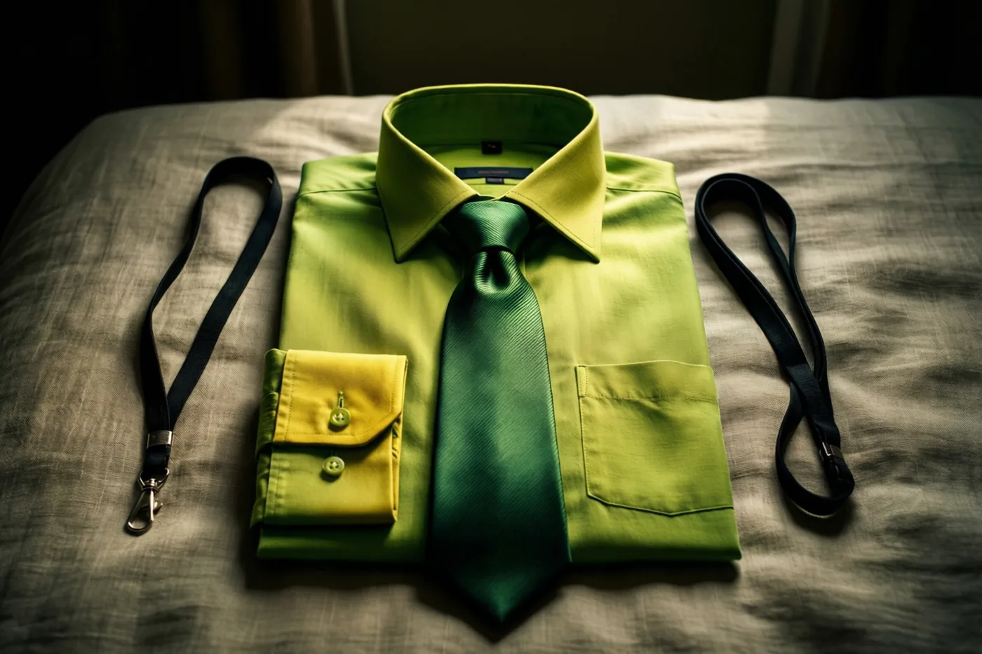 Een netjes opgevouwen groen hemd, een bijpassende groene zijden das en twee zwarte keycords liggen op een linnen ondergrond in zacht gericht licht.