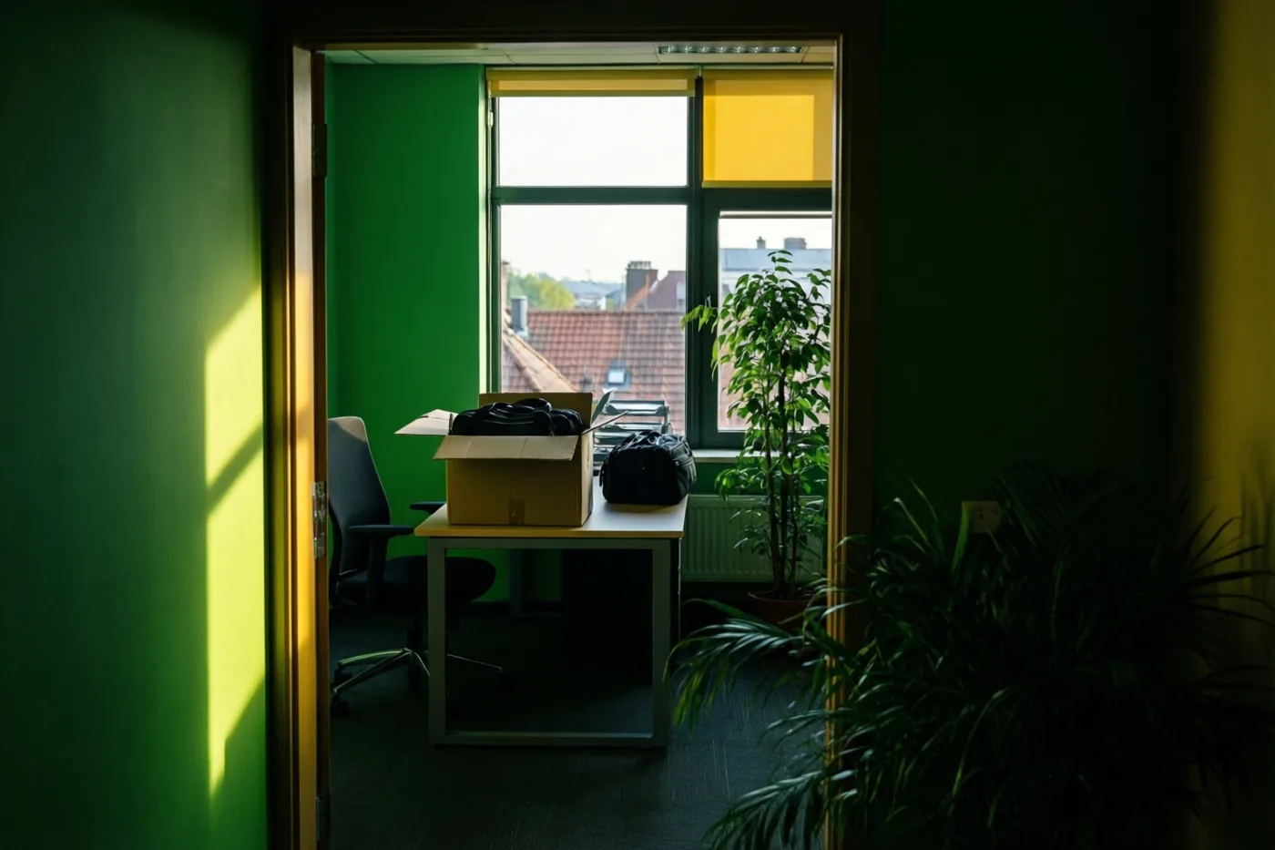 Een deuropening geeft zicht op een kantoor met groene muren, een bureau, kartonnen doos en potplant bij een zonovergoten raam met uitzicht op daken.