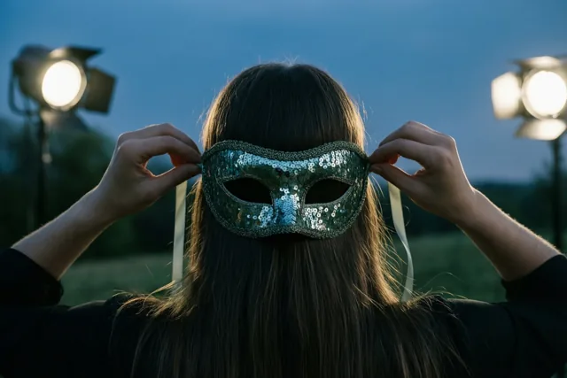 Een persoon met lang donker haar knoopt, van achteren gezien, de linten van een groen masker met pailletten vast, buiten bij schemering met felle podiumlichten op de achtergrond.