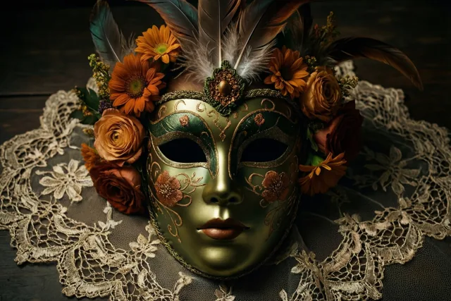 Een groen masker met oranje bloemen en veren ligt op een sierlijke kanten doek tegen een donkere houten achtergrond.