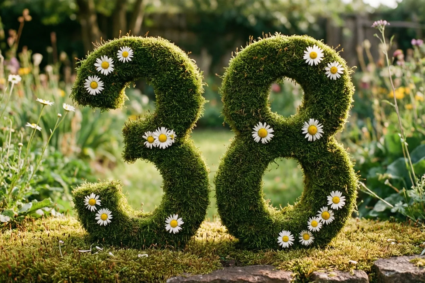 Een weelderig groen mosframe vormt 38 met witte madeliefjes in een landelijke tuin met natuurlijk groen en zacht warm licht.