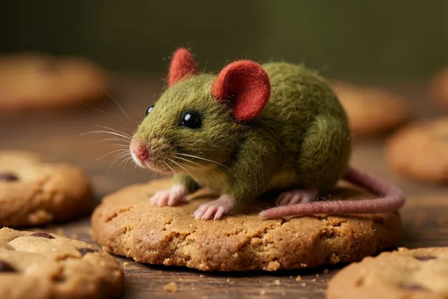Een groen vilten muisje met rode oren zit op een goudbruine speculaaskoek, tussen andere koekjes op een houten ondergrond in warm licht.