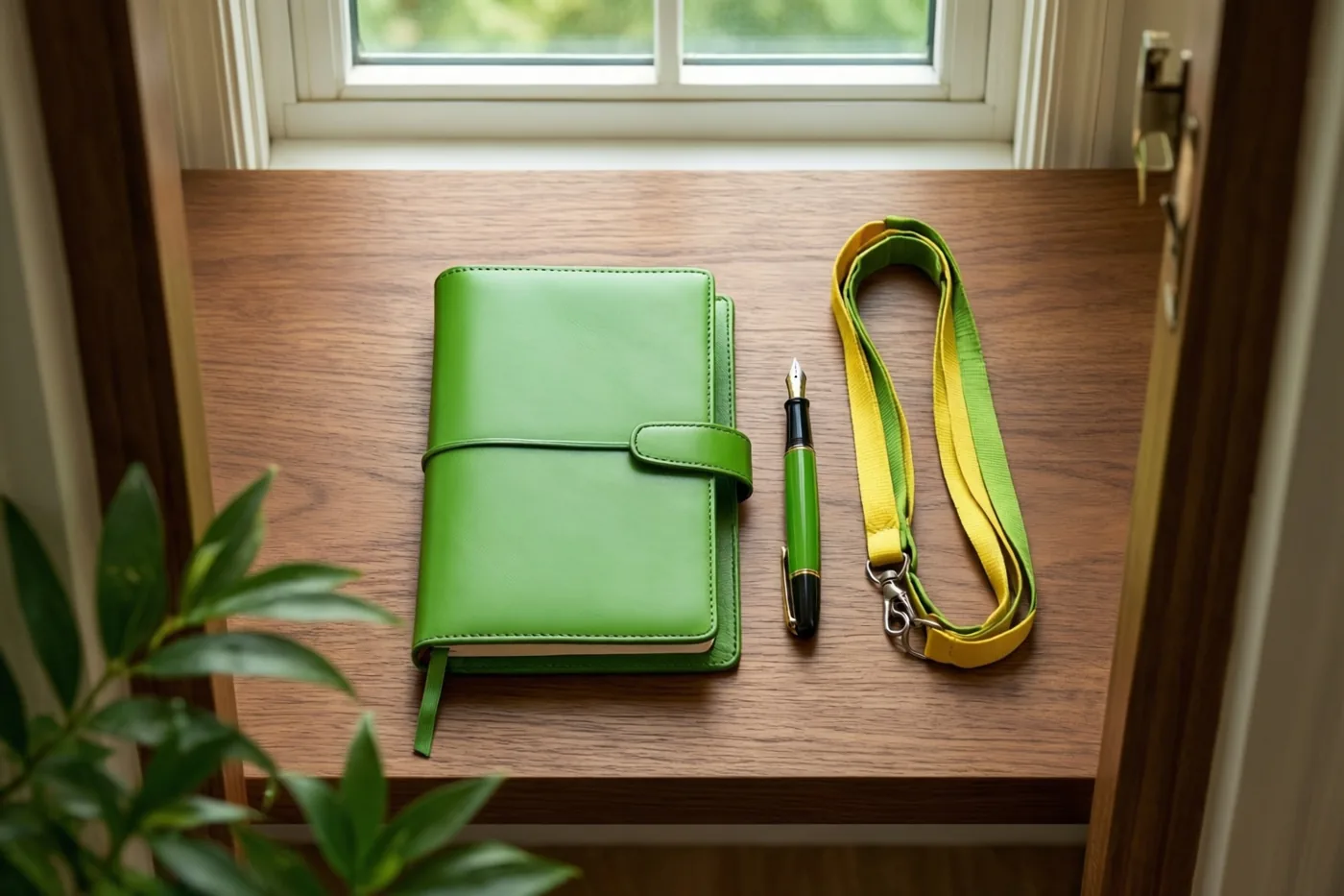 Een groen leren notitieboek, een groen-zwarte vulpen en een geel-groen keycord liggen op een houten bureau bij een raam in natuurlijk licht.