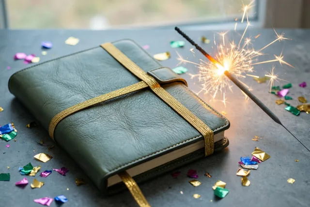 Een donkergroen leren notitieboek met een gouden lint ligt op een grijs bureau naast een brandend sterretje en kleurrijke confetti, met ochtendlicht vanuit een raam.