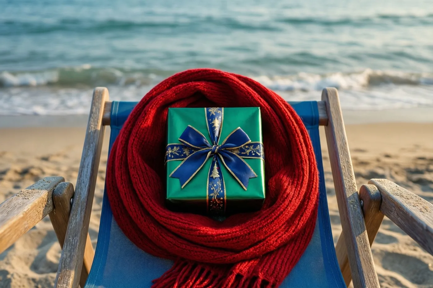 Een groene geschenkdoos met een blauwe strik en een rode gebreide sjaal liggen op een blauwe stoffen strandstoel met houten armleuningen, op het zand voor een zee met zachte golven.