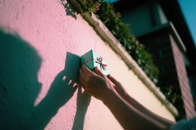 Twee handen plaatsen een groen geschenkdoosje met een roze lint tegen een roze muur met structuur, met een duidelijke schaduw en groen bovenaan.