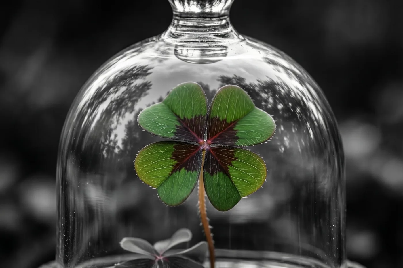 Een klavertje vier met groene en donkerrode blaadjes staat onder een heldere glazen stolp tegen een onscherpe zwart-witte achtergrond.