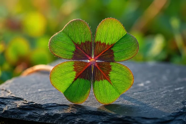 Een klavertje vier met groene en roodbruine blaadjes ligt op zwarte leisteen, met onscherp groen op de achtergrond.