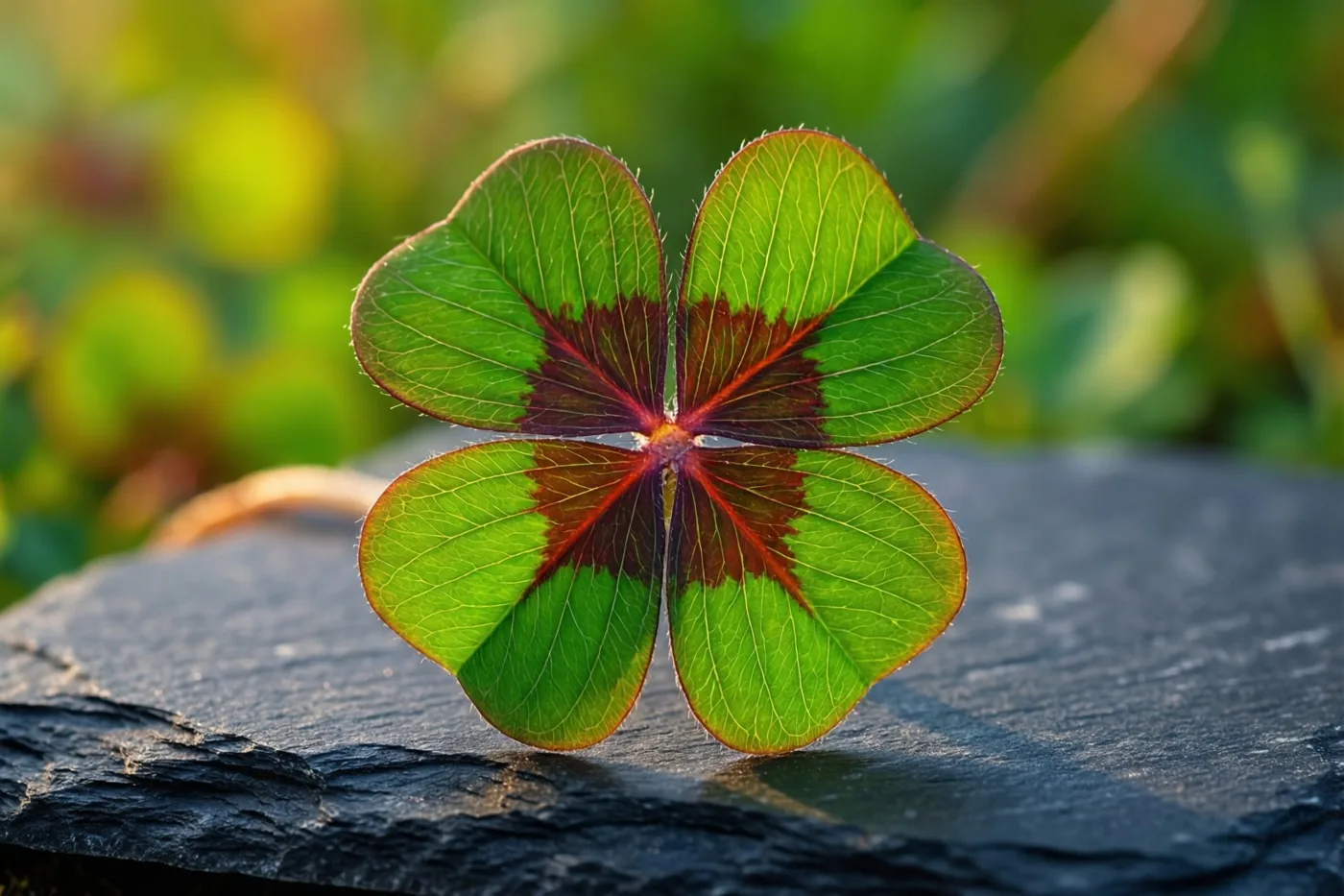 Een klavertje vier met groene en roodbruine blaadjes ligt op zwarte leisteen, met onscherp groen op de achtergrond.