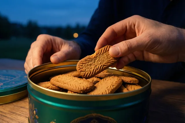 Een hand neemt een speculooskoekje uit een groen blik op een houten tafel buiten in de schemering, terwijl een andere hand naast het blik rust.