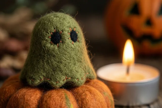 Een klein handgemaakt groen vilten spookje met geborduurde ogen zit op een oranje minipompoen naast een brandend theelichtje.