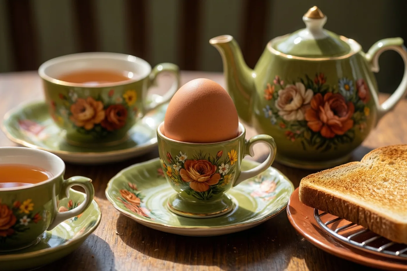 Een groen theeservies met oranje en witte bloemen staat op een houten tafel naast een gekookt ei in een eierdopje en toast op een rekje in fel zonlicht.