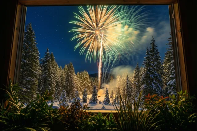 Door een houten raam is goudkleurig en groen vuurwerk te zien boven besneeuwde dennen tegen een donkerblauwe nachthemel.