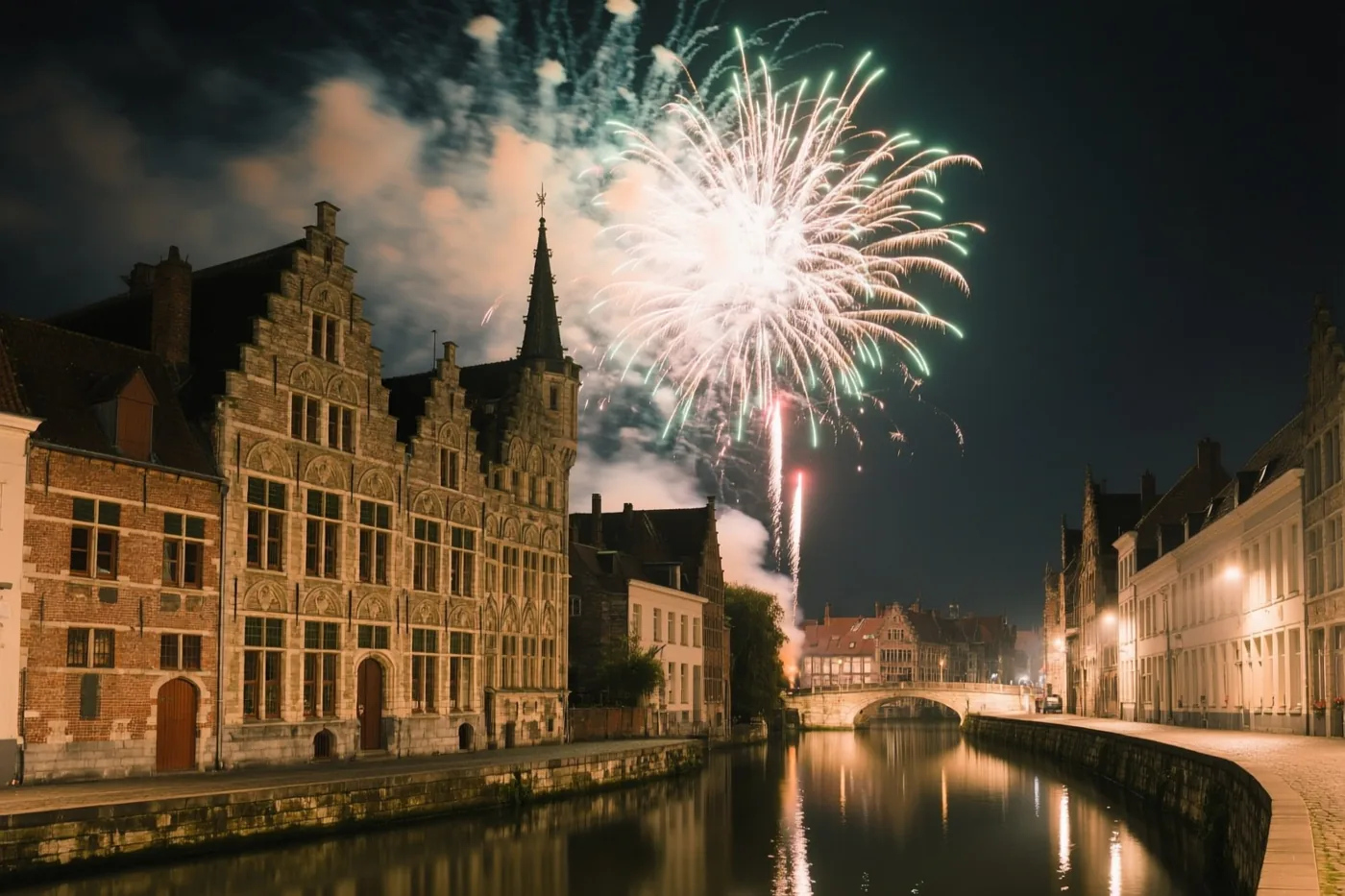 Groen en wit vuurwerk verlicht 's nachts een kanaal en historische middeleeuwse gebouwen langs de waterkant, naast warme kunstverlichting.