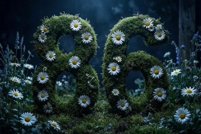 Een bemoste groene haag vormt het getal 86 met witte madeliefjes in een donkere, rustieke tuin met diepgroene en donkerblauwe tinten.
