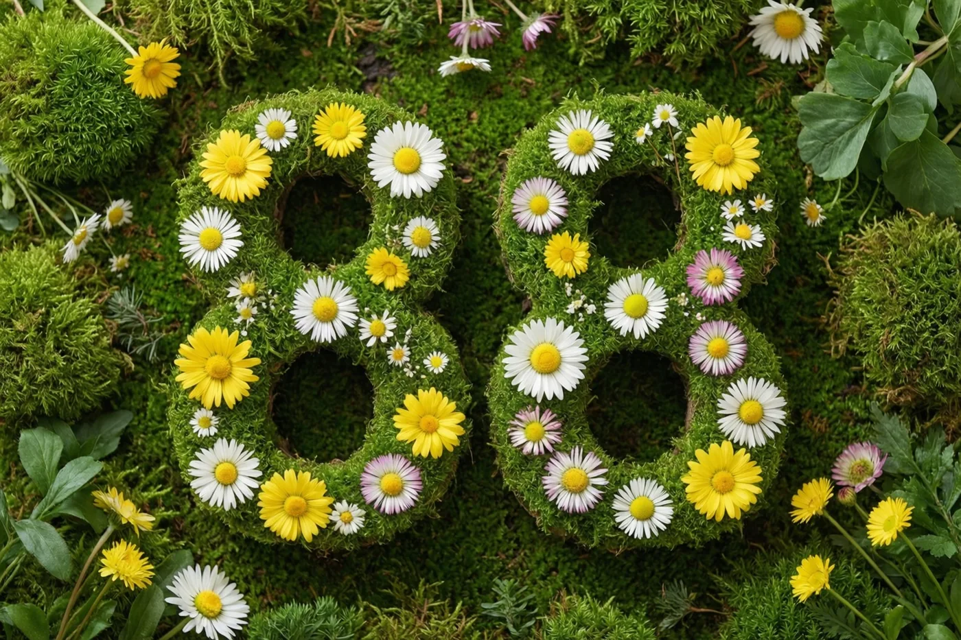 Het getal 88 is gevormd uit een mossige groene haag en versierd met gele, witte en roze madeliefjes in een tuin met groen en verspreide bloemen.