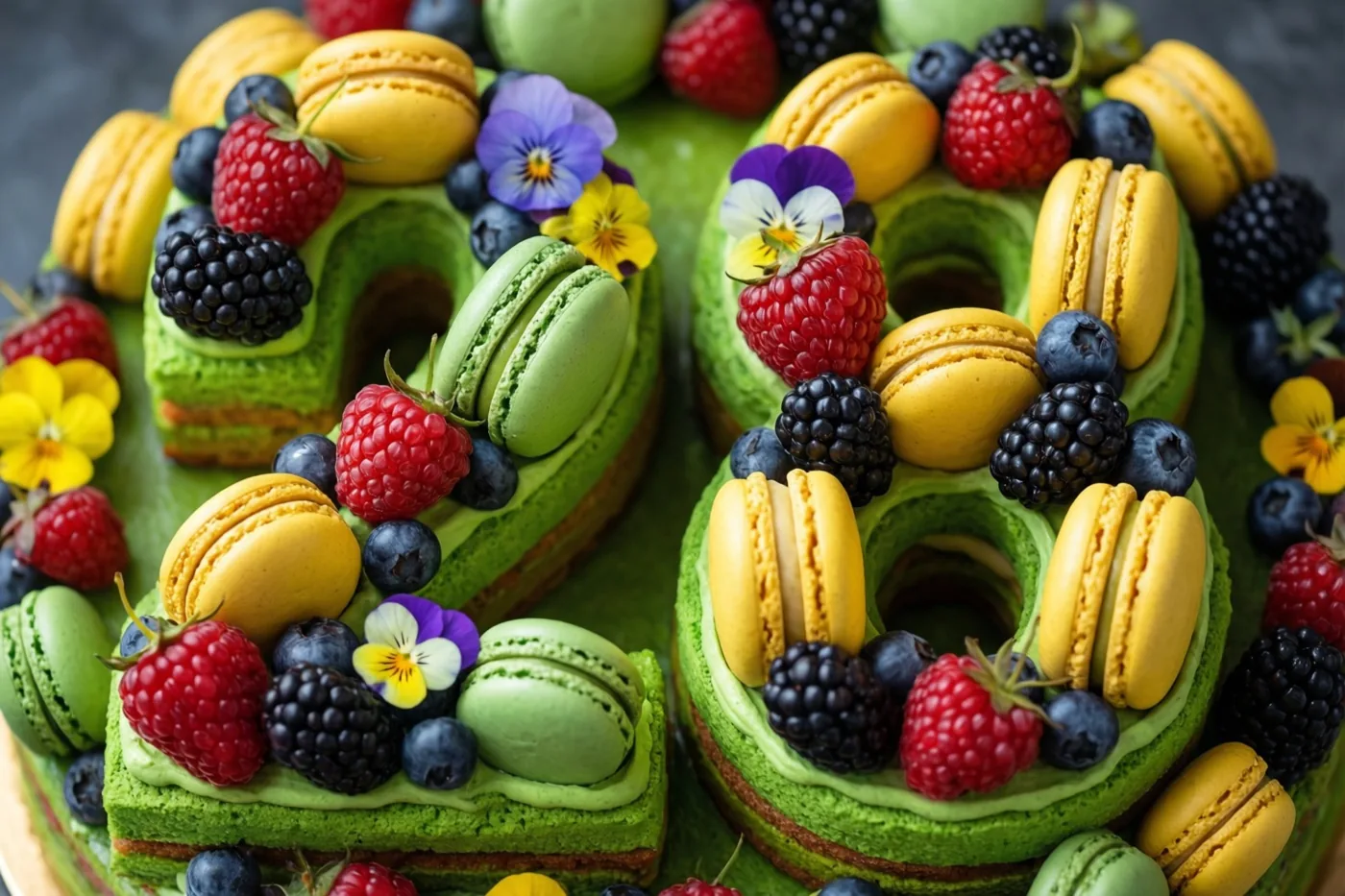 Een groene taart in de vorm van 28 met frambozen, bramen, blauwe bessen, gele en groene macarons en eetbare bloemen is van dichtbij gefotografeerd tegen een donkere achtergrond.