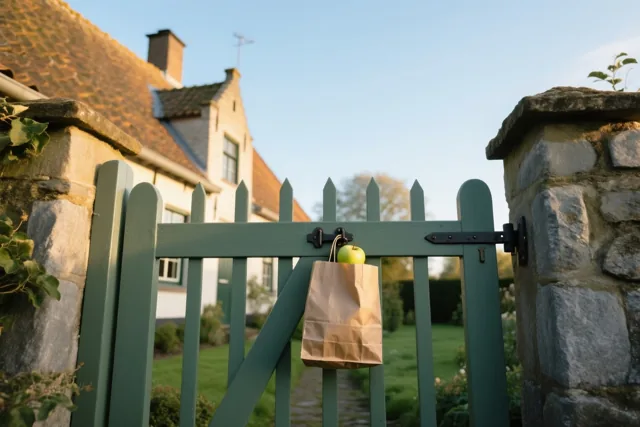 Een bruine papieren zak met een groene appel hangt aan de grendel van een groen houten hek bij een stenen huisje in goudkleurig zonlicht.
