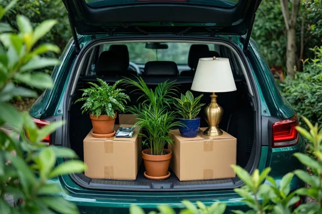 De open koffer van een groene auto zit vol dozen, kamerplanten en een tafellamp, met een weelderige groene tuin eromheen.