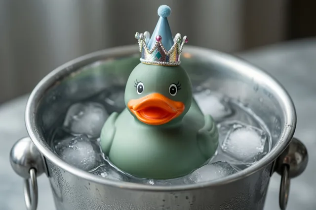 Een groene badeend met een blauwe feestkroon drijft binnenshuis in een metalen ijsemmer met ijsblokjes en water.