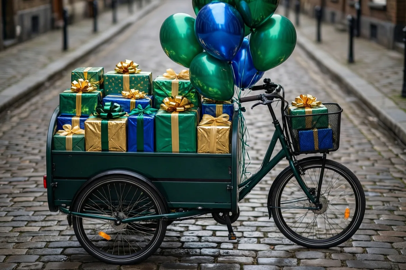 Een groene bakfiets met ingepakte cadeaus en groene en blauwe ballonnen staat op natte kasseien.