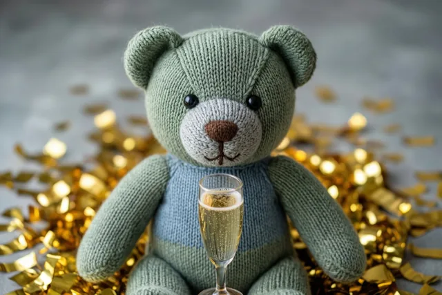 Een groene gebreide teddybeer in een blauwe trui zit met een miniatuurchampagneglas vol bruisende vloeistof tussen gouden confetti op een grijze ondergrond.