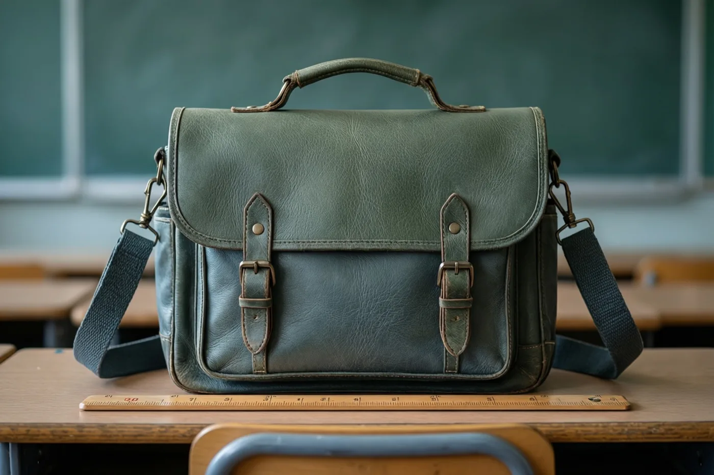 Een groene leren boekentas met riemen staat op een houten klasbureau met een houten lat ervoor, tegen een wazige achtergrond van een schoolbord en bureaus.