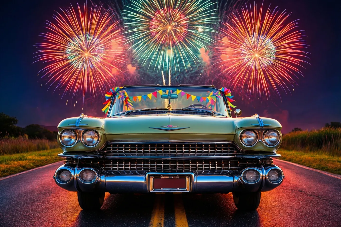 Een groene oude cabriolet staat 's nachts van voren gezien op een weg, met slingers aan de voorruit en rood, groen en oranje vuurwerk in de lucht.