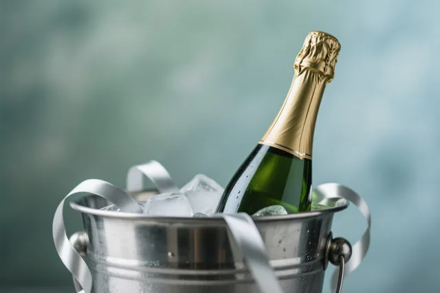 Een groene champagnefles met gouden folie staat in een zilveren ijsemmer vol ijsblokjes voor een zacht onscherpe blauwgroene achtergrond.