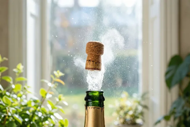 Een kurk springt uit een groene champagnefles met opspattende vloeistof voor een helder raam, met groene planten aan weerszijden.